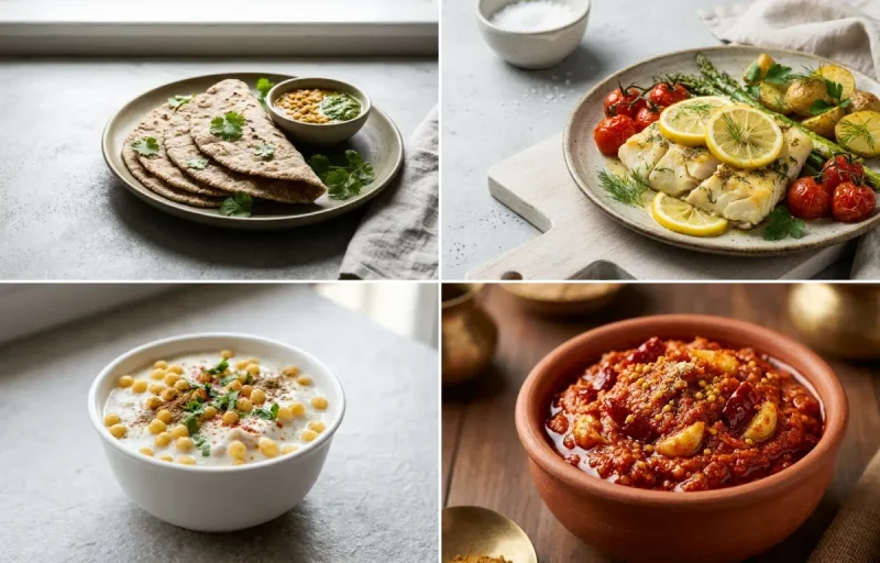 Yellow Dal Fry with Vegan Jowar Roti, Baked Cod With Lemon, Boondi Raita and Garlic Chutney