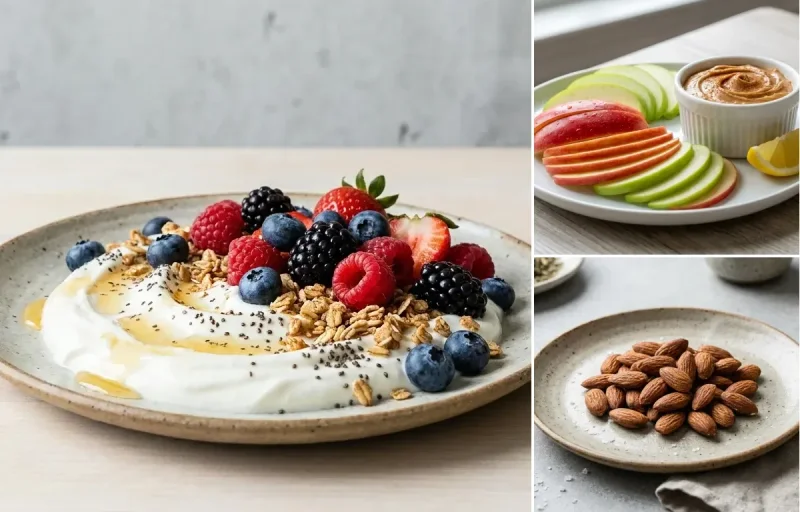 Yogurt Berry Bowl with Apple Slices With Peanut Butter and Roasted Almonds Small Portion