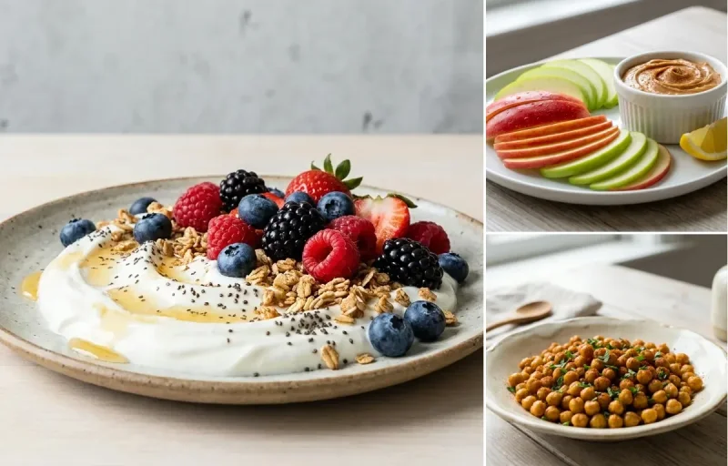 Yogurt Berry Bowl with Apple Slices With Peanut Butter and Roasted Spiced Chickpeas