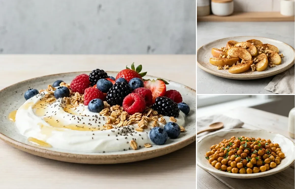 Yogurt Berry Bowl with Apple With Cinnamon and Roasted Spiced Chickpeas