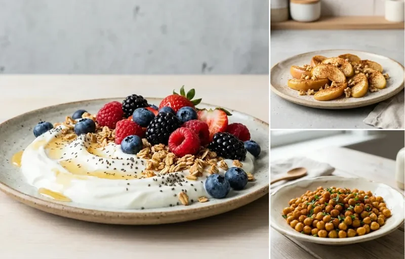 Yogurt Berry Bowl with Apple With Cinnamon and Roasted Spiced Chickpeas