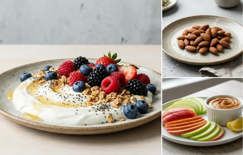 Yogurt Berry Bowl with Roasted Almonds Small Portion and Apple Slices With Peanut Butter