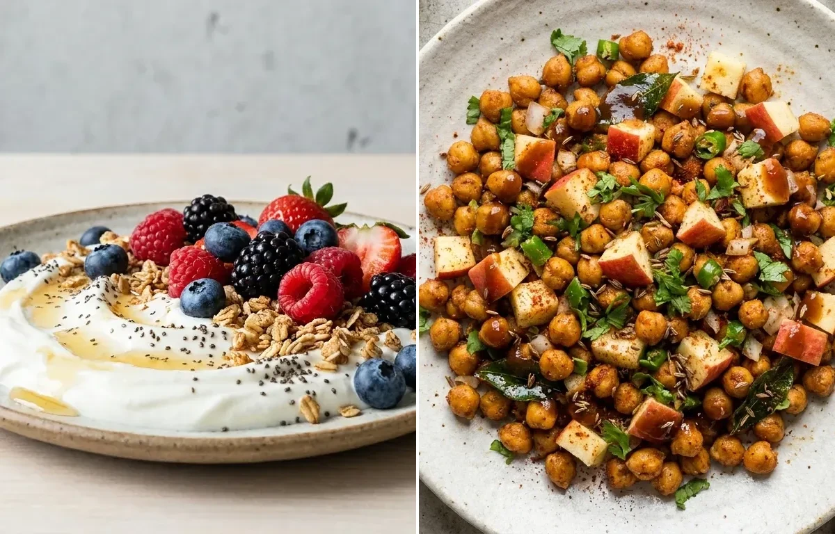 Yogurt Berry Bowl with Roasted Chana With Apple and Spiced Roasted Almonds Indian