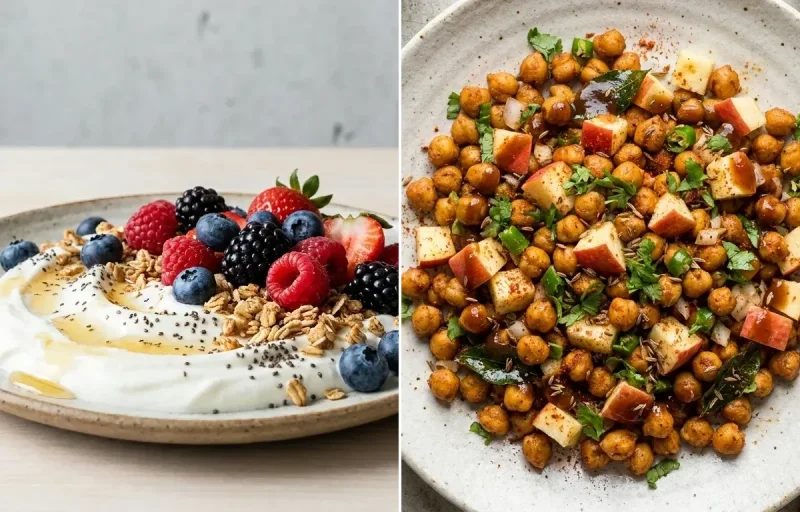 Yogurt Berry Bowl with Roasted Chana With Apple and Spiced Roasted Almonds Indian