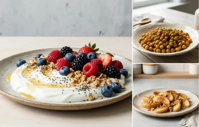 Yogurt Berry Bowl with Roasted Spiced Chickpeas and Apple With Cinnamon