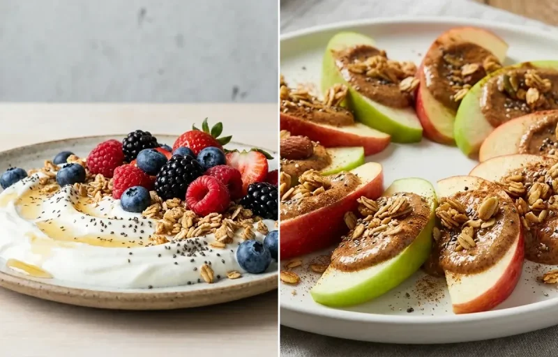 Yogurt Berry Bowl with Sunflower Seeds Small Portion and Apple Slices With Almond Butter