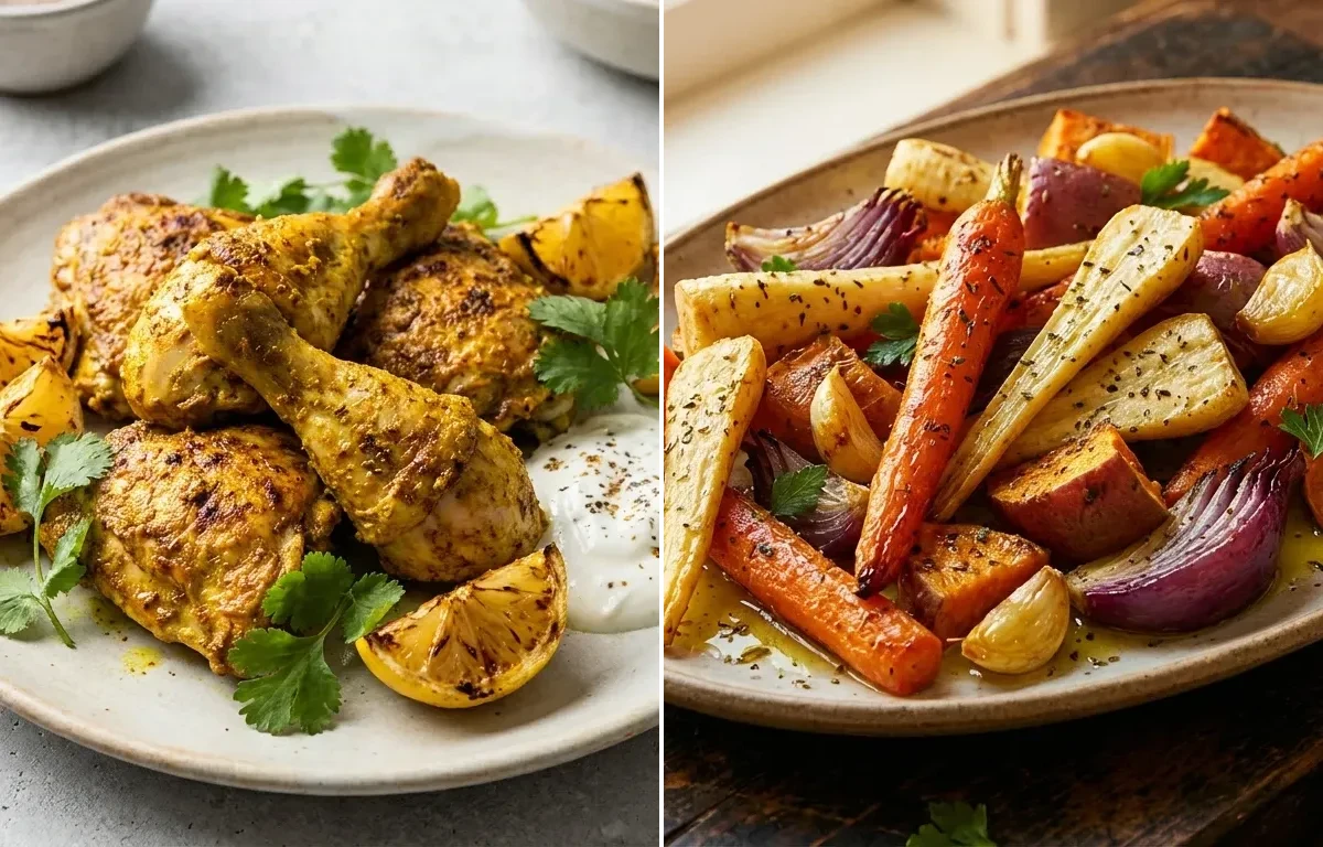 Yogurt-Marinated Spiced Roast Chicken with Roasted Root Vegetables