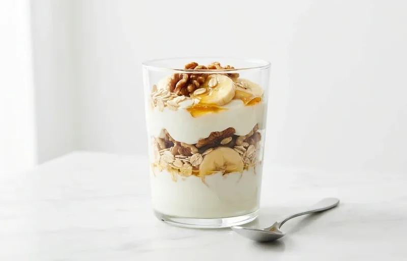 Yogurt Parfait with Banana Walnuts and Oats
