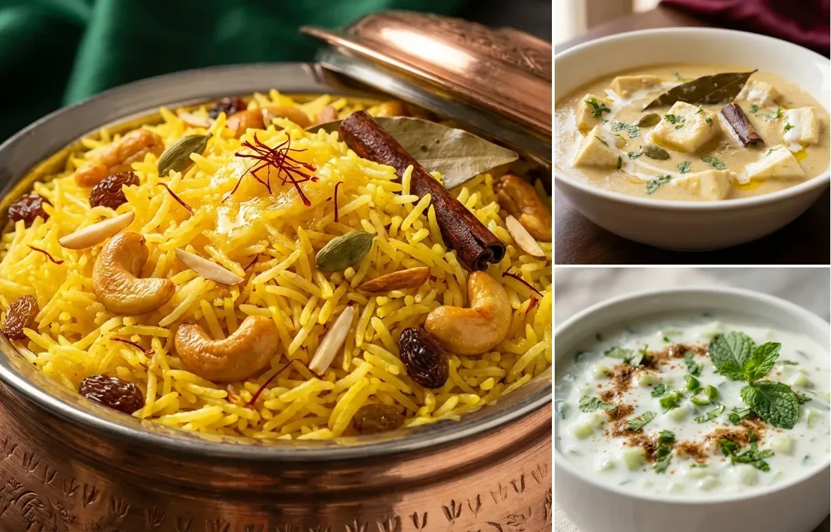 Zaffrani Pulao with Paneer Korma and Cucumber Raita