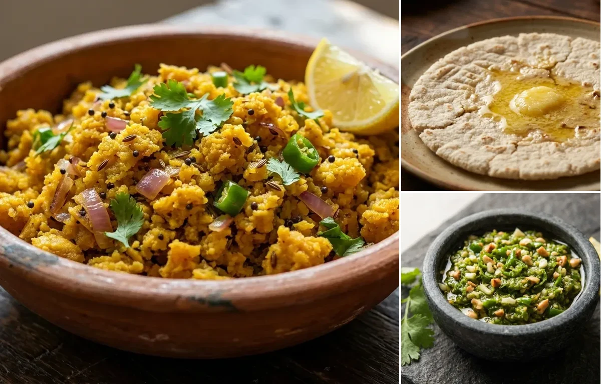 Zunka with Jowar Bhakri and Green Chili Thecha