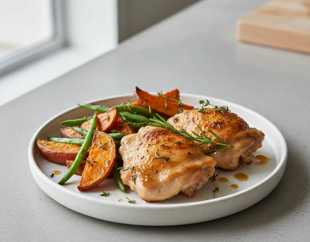 Baked Chicken Thighs with Roasted Sweet Potato and Green Beans