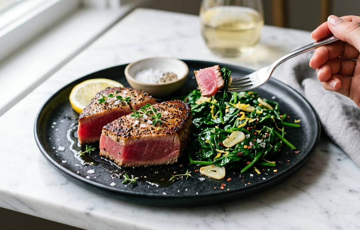 15-Min Steak with Lemony Garlic Spinach