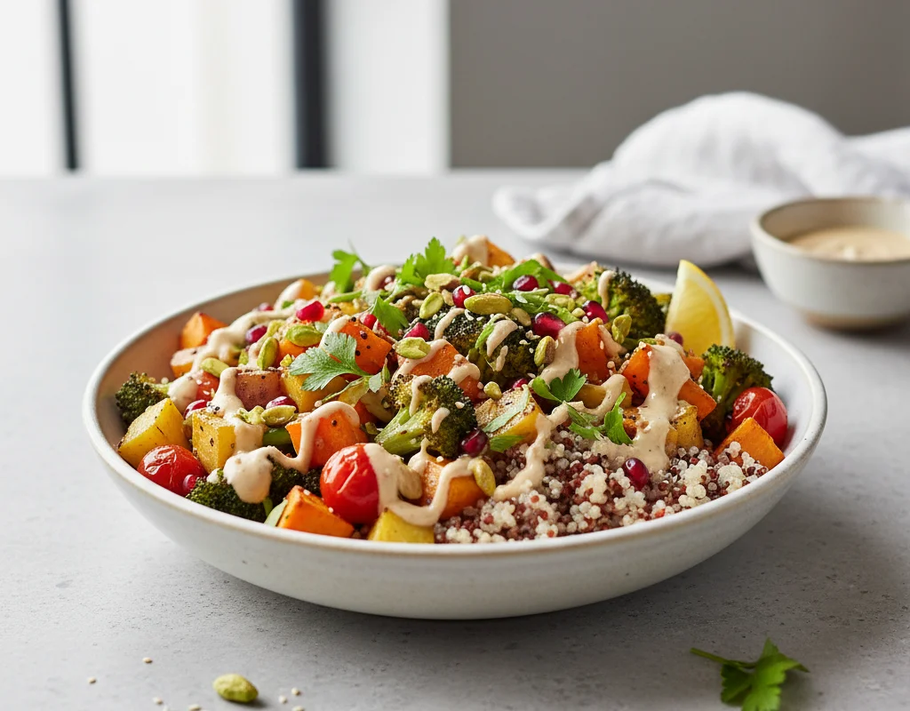 Quinoa Power Bowl With Roasted Veg And Tahini