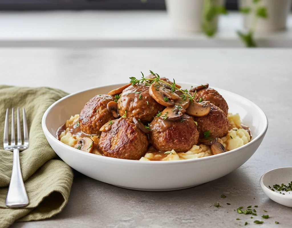 Vegetarian Meatballs in Mushroom Gravy