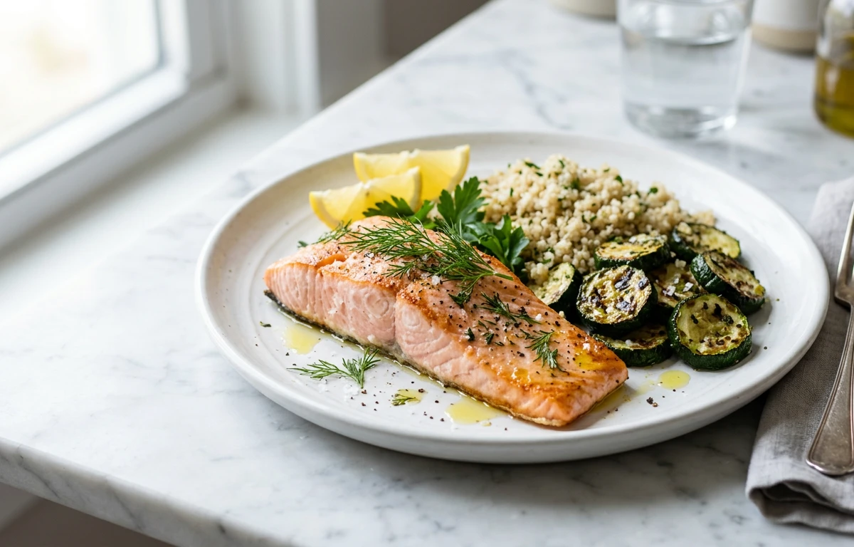 Baked Salmon with Roasted Zucchini & Quinoa