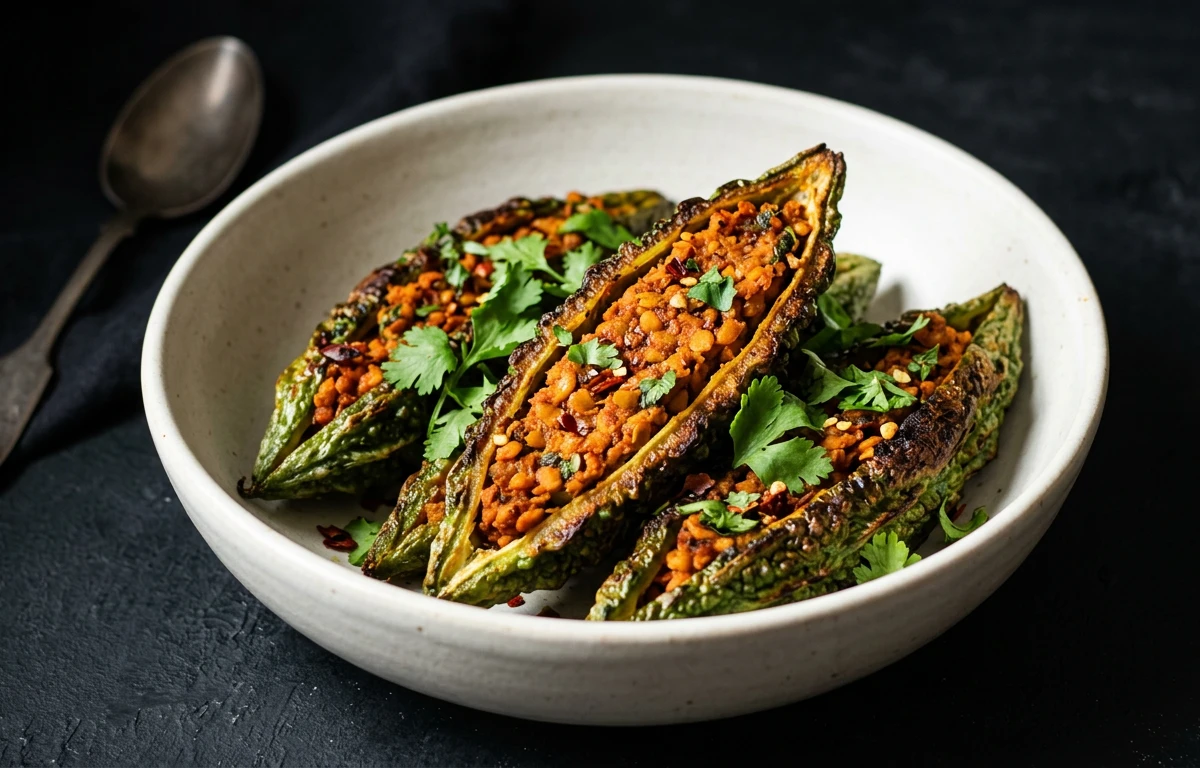 Baked Stuffed Karela with Lentils