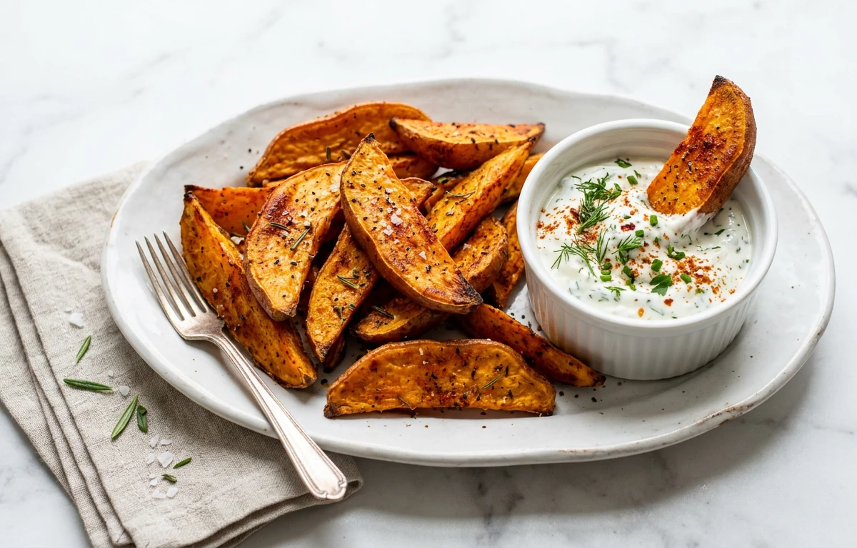 Baked Yam Wedges with Spiced Yogurt Dip