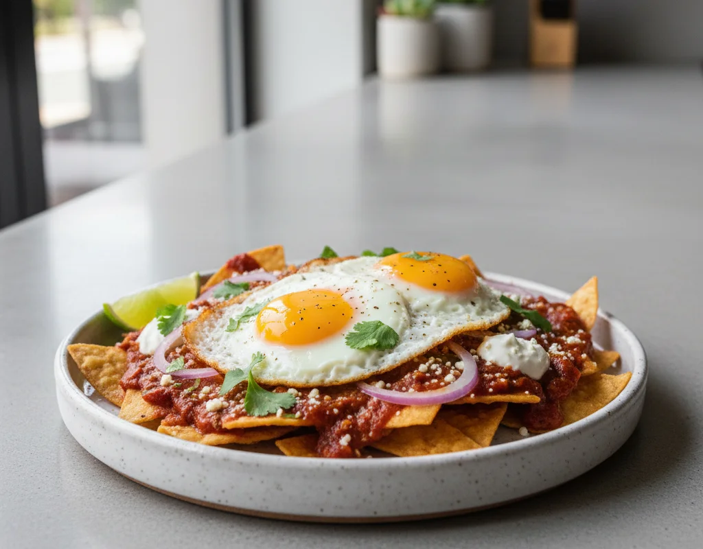 Chilaquiles Rojos With Fried Eggs
