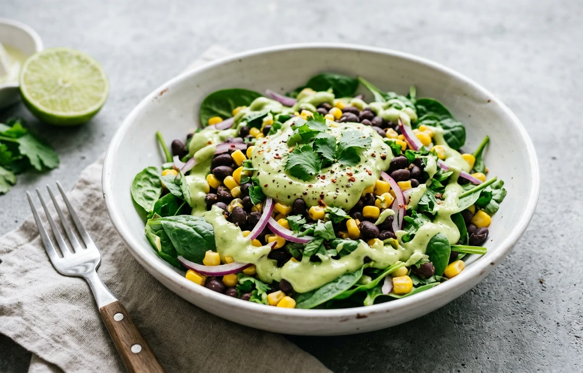 Black Bean & Spinach Salad with Avocado Dressing