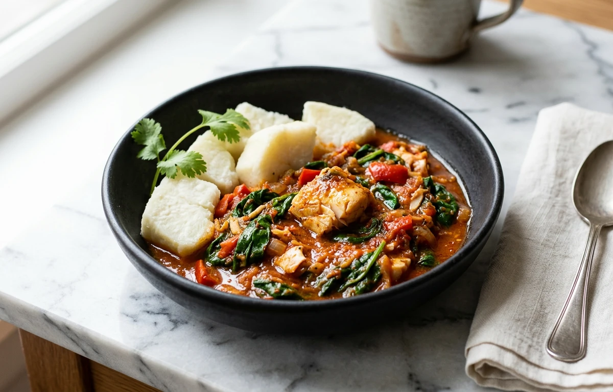 Boiled Yam with Fish & Spinach Stew
