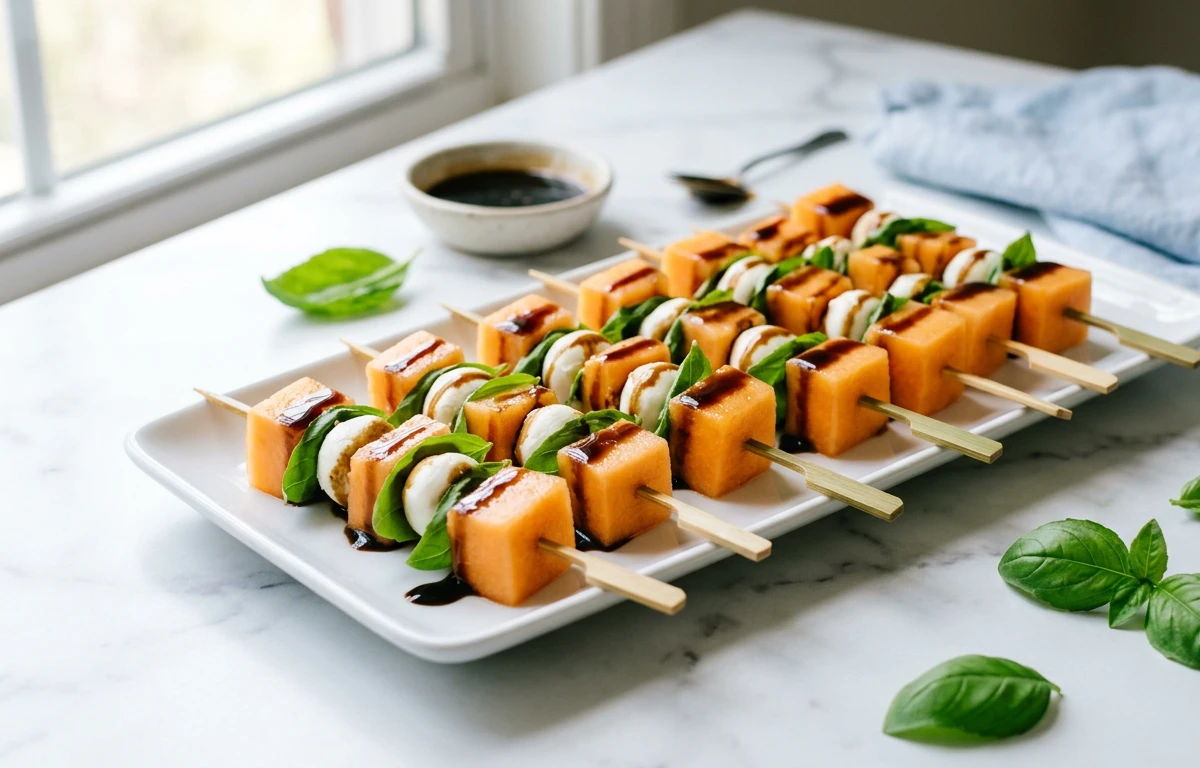 Cantaloupe, Mozzarella & Basil Skewers