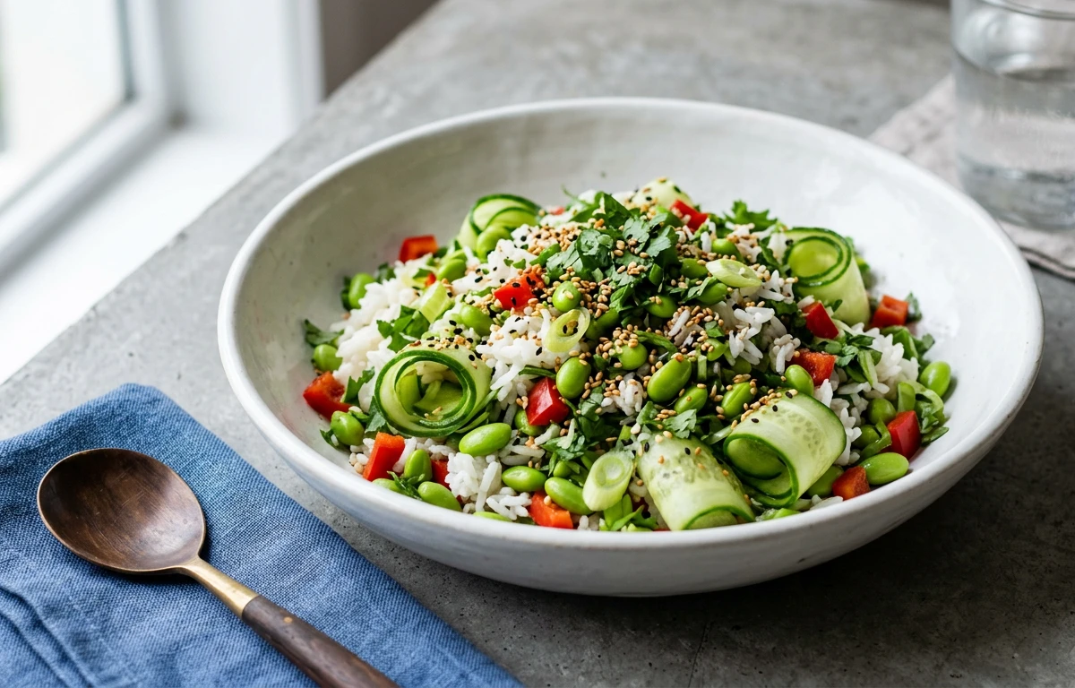 Cold Rice Salad with Cucumber & Edamame