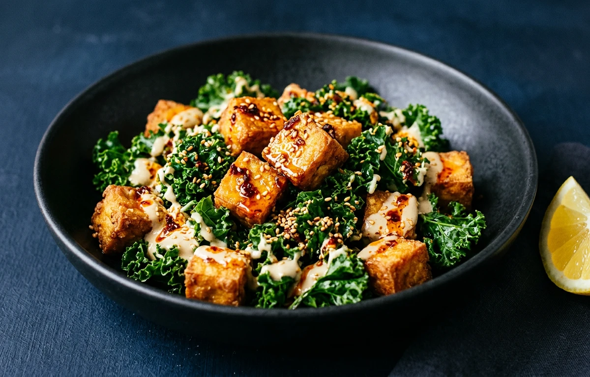 Crispy Tofu & Kale with Tahini Sauce