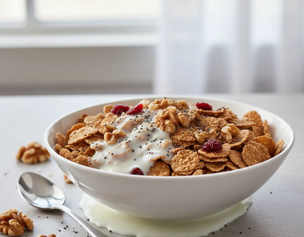 High-Fiber Cereal with Milk and Walnuts