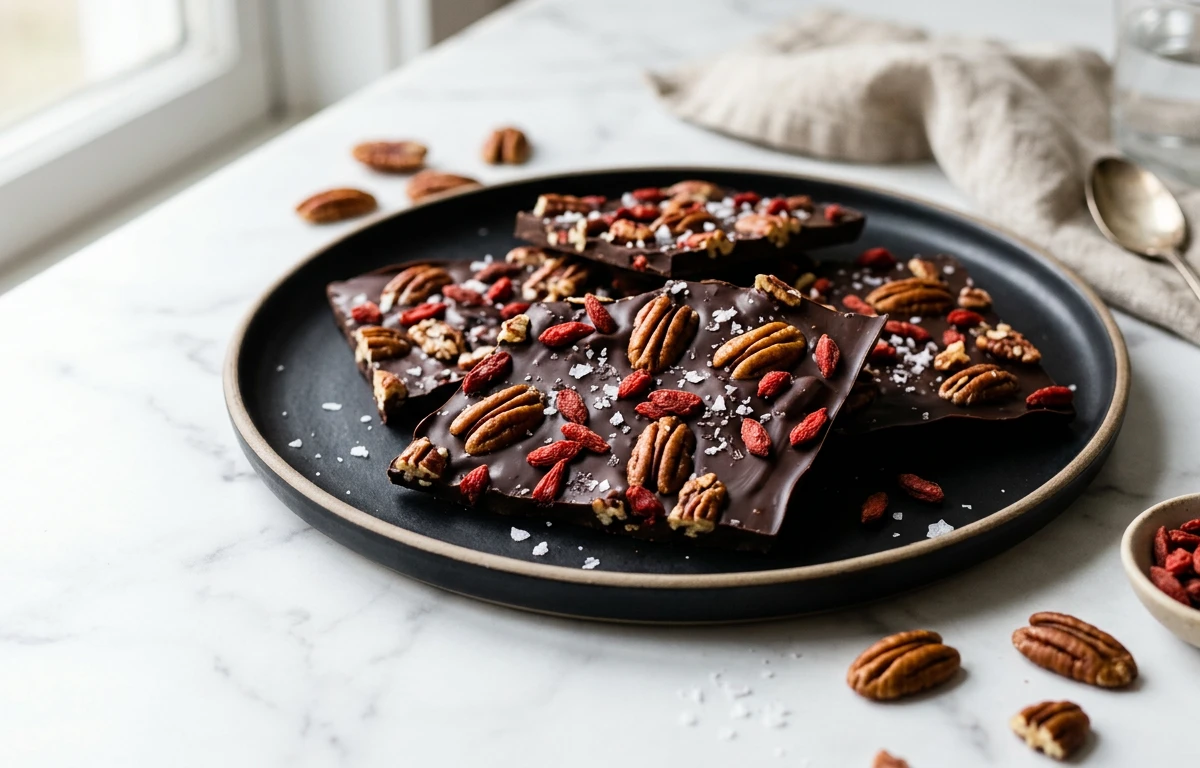 Dark Chocolate Bark with Pecans & Goji Berries