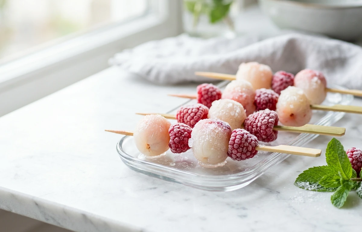 Frozen Litchi & Raspberry Skewers