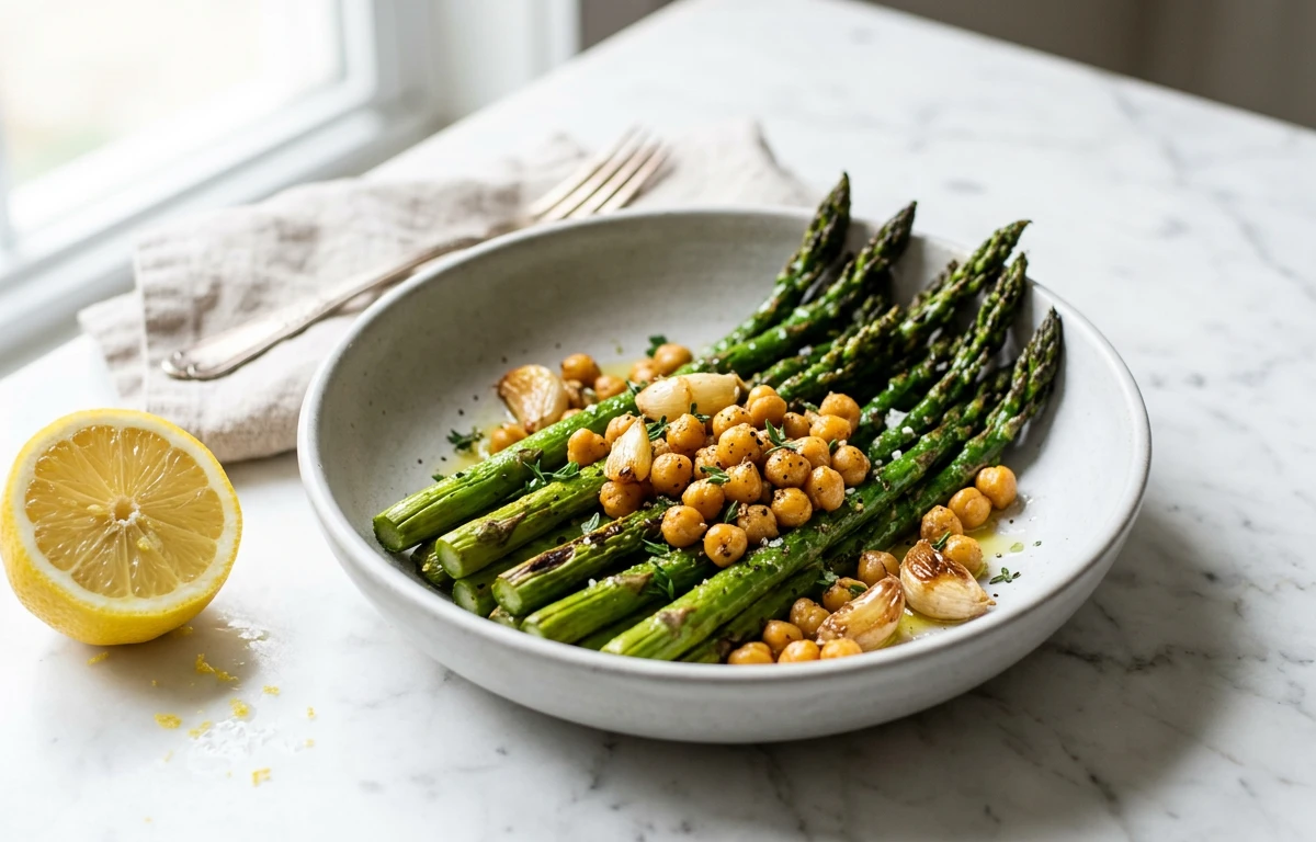 Garlic-Roasted Asparagus & Chickpeas