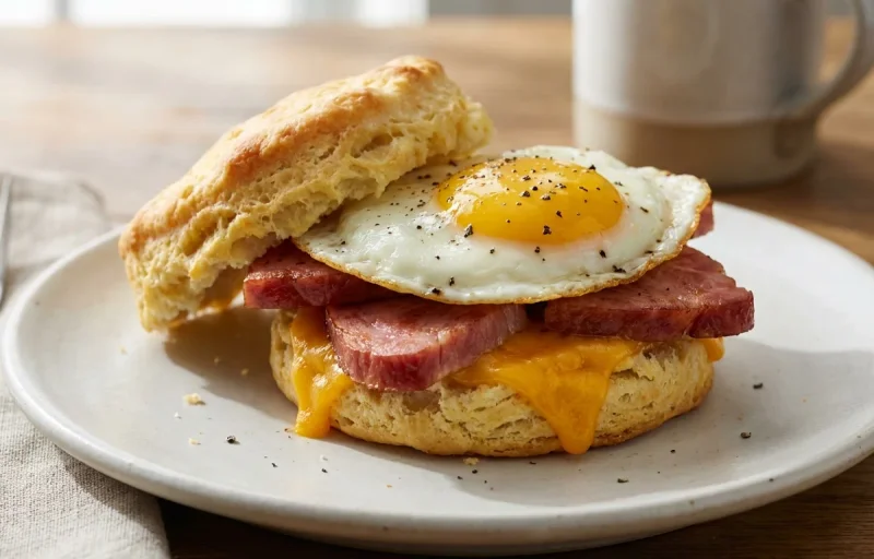 Ham Biscuit with Fried Egg and Cheese