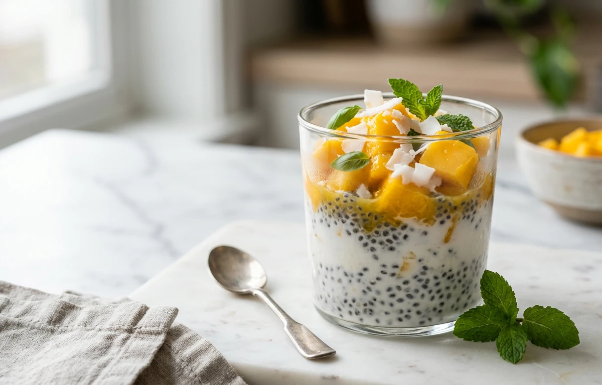 Overnight Mango Basil Seed Pudding