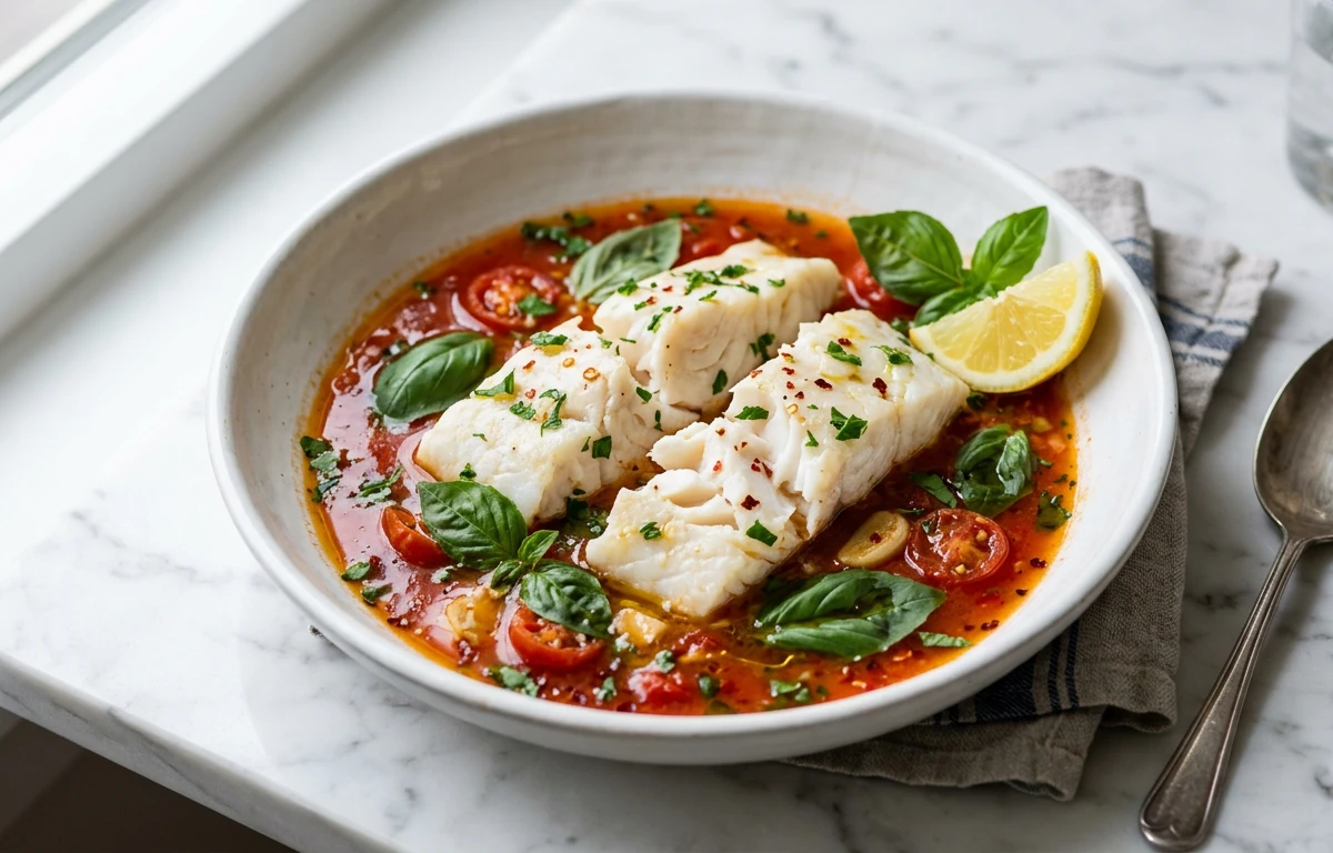 Poached Cod in Tomato-Garlic Broth