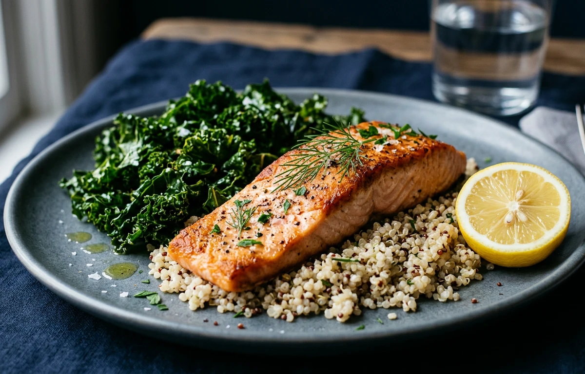 Salmon with Crispy Kale and Quinoa