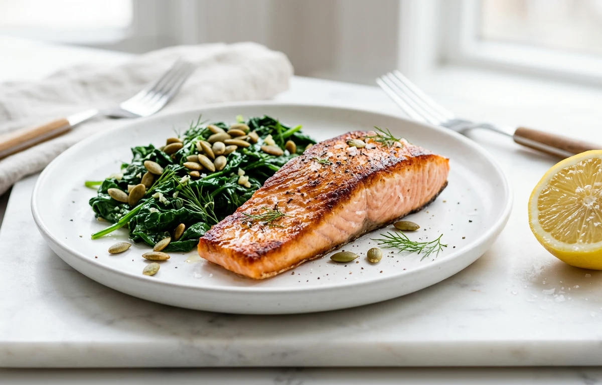 Salmon with Garlicky Spinach & Pumpkin Seeds