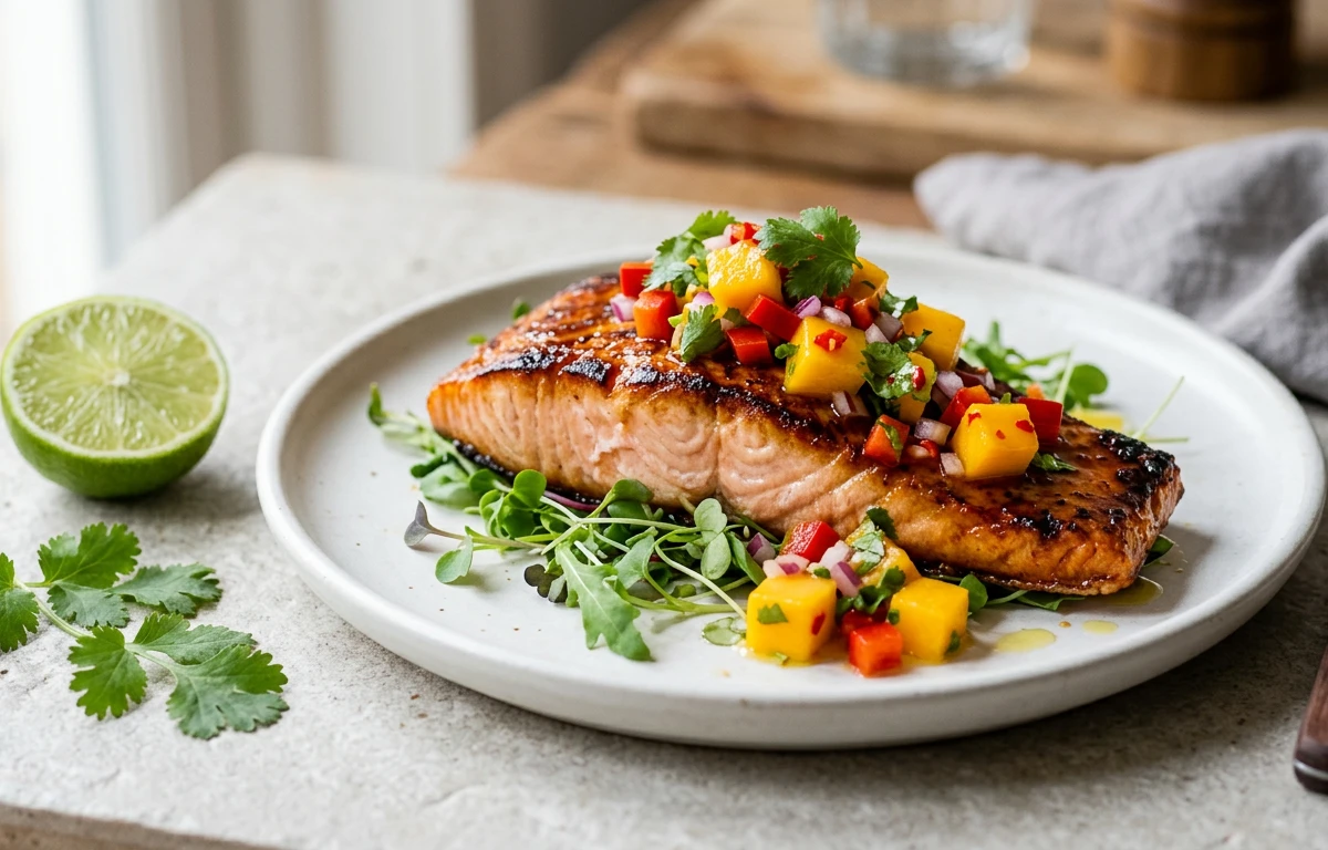 Seared Salmon with Mango-Pepper Salsa