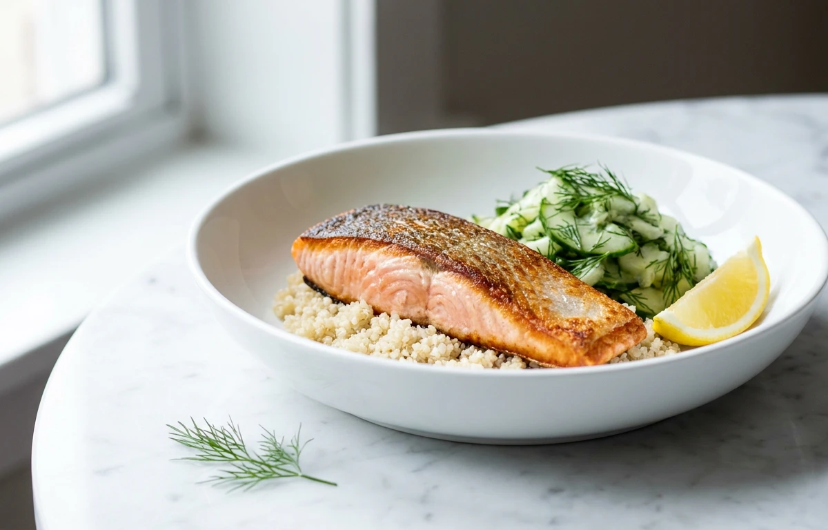 Seared Salmon with Quinoa & Cucumber Salad