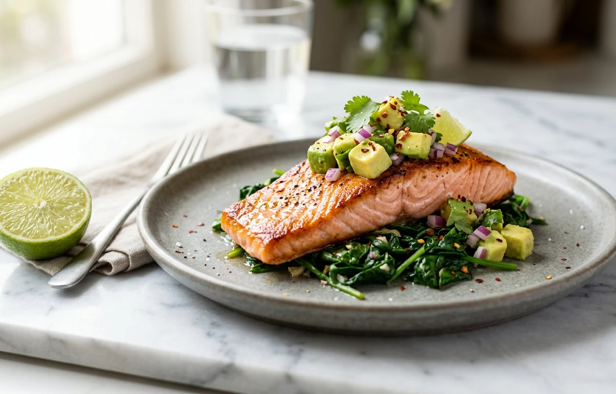 Seared Salmon with Spinach & Avocado Salsa