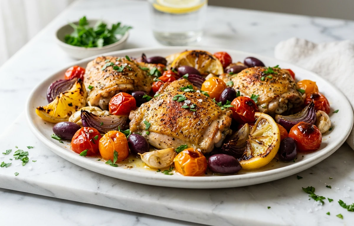 Sheet Pan Chicken with Olives & Tomato