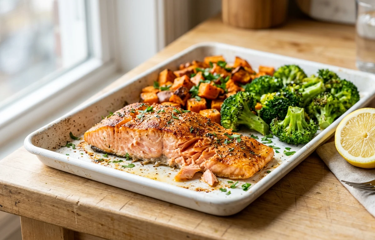 Sheet Pan Salmon with Sweet Potato & Broccoli