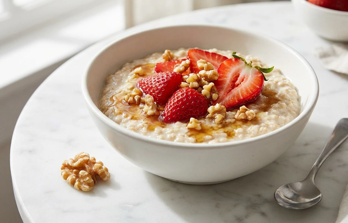 Simple Oatmeal with Strawberries & Walnuts