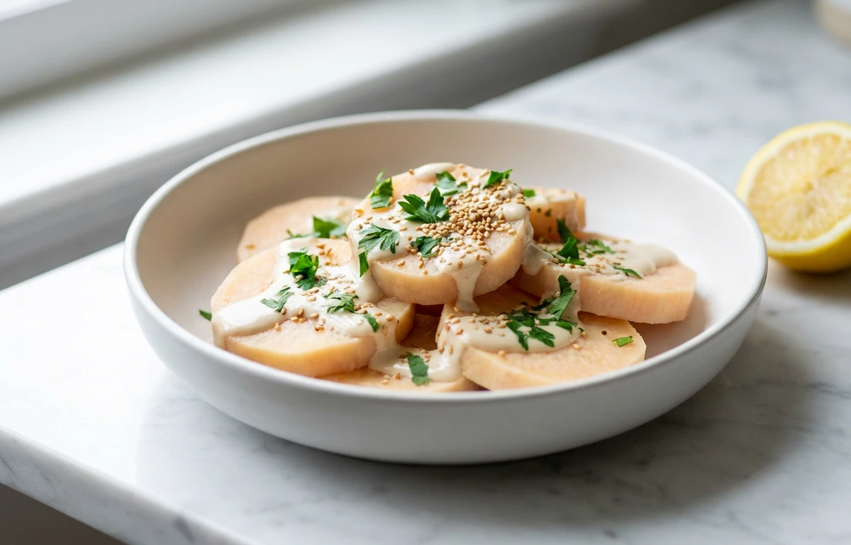 Simple Steamed Yam with Tahini Drizzle
