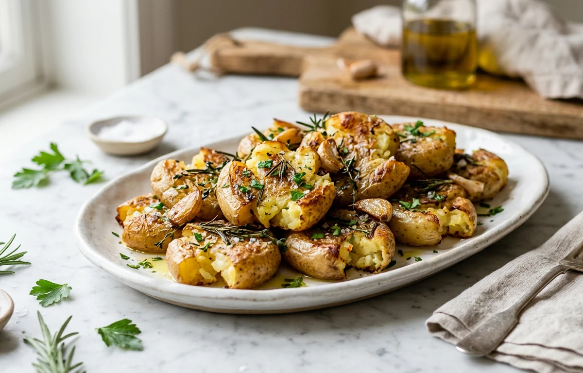 Smash-Roasted Garlic & Herb Potatoes
