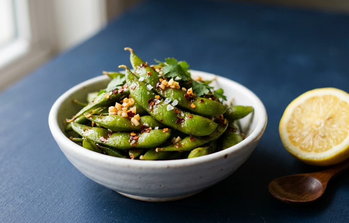 Spicy Garlic Edamame Pods