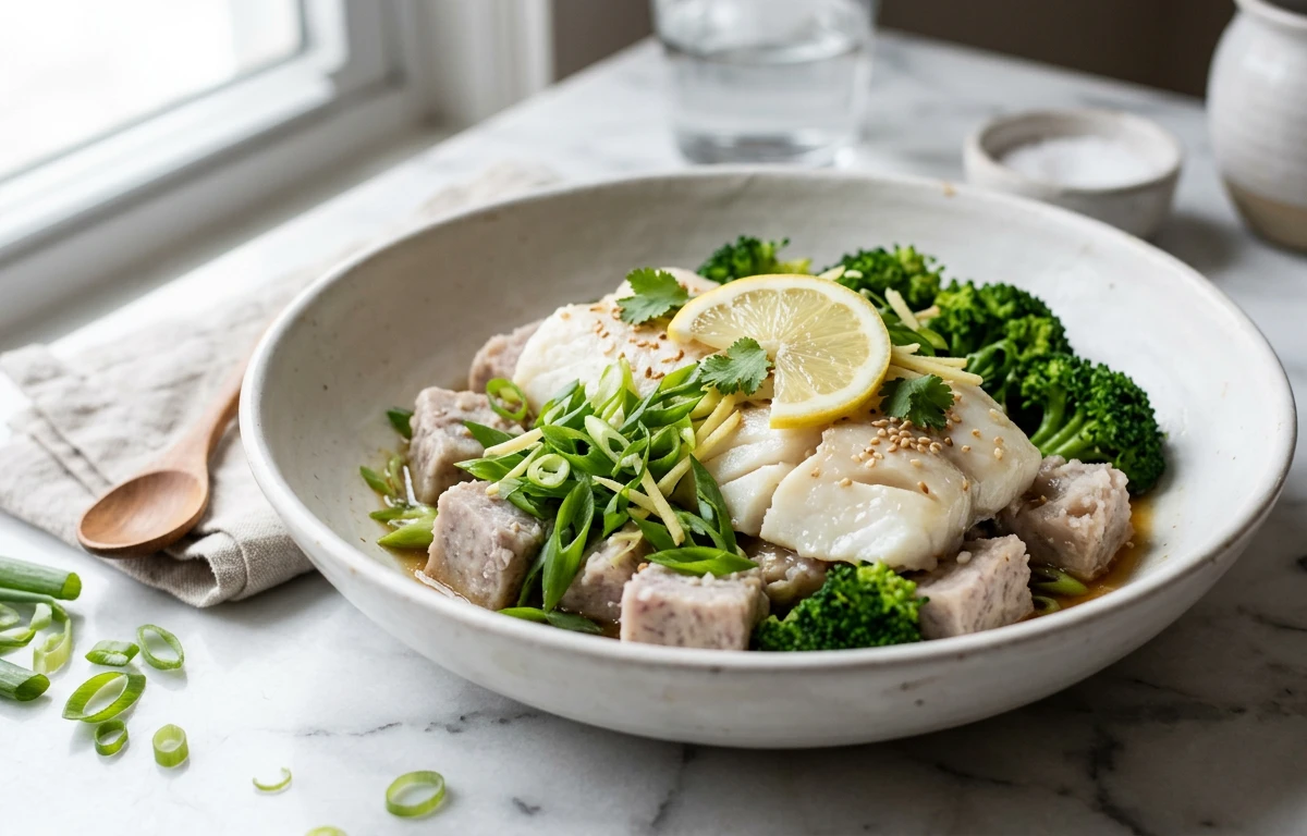 Steamed Taro with Lemon Cod and Scallions