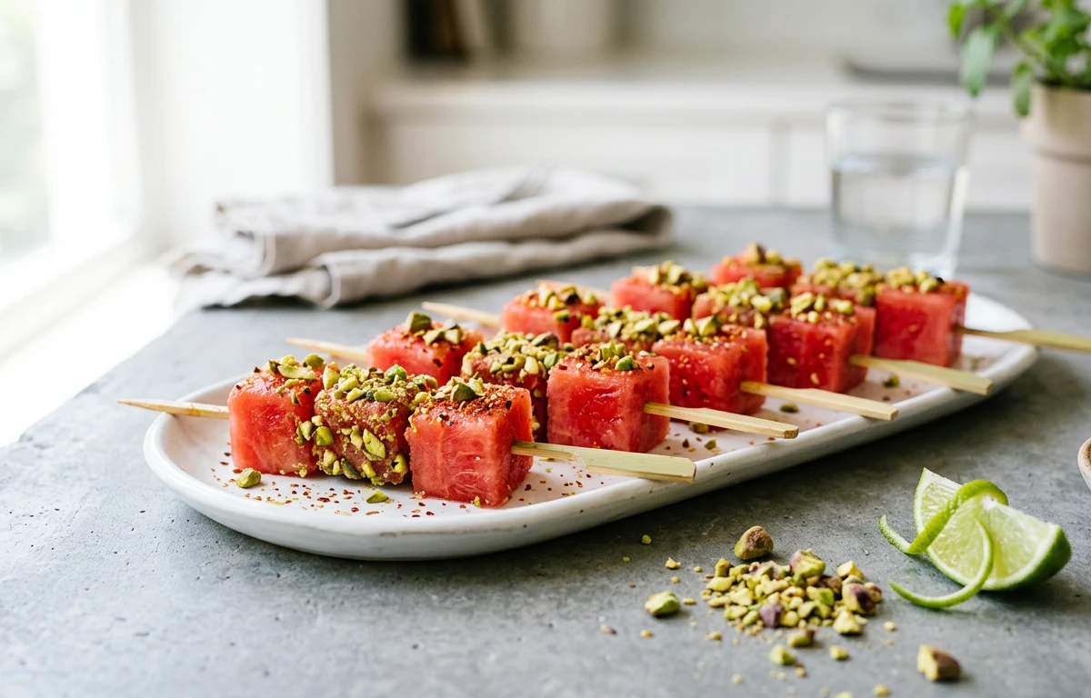 Watermelon Skewers with Pistachio & Chili