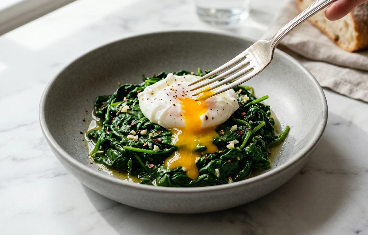 Wilted Greens with a Poached Egg